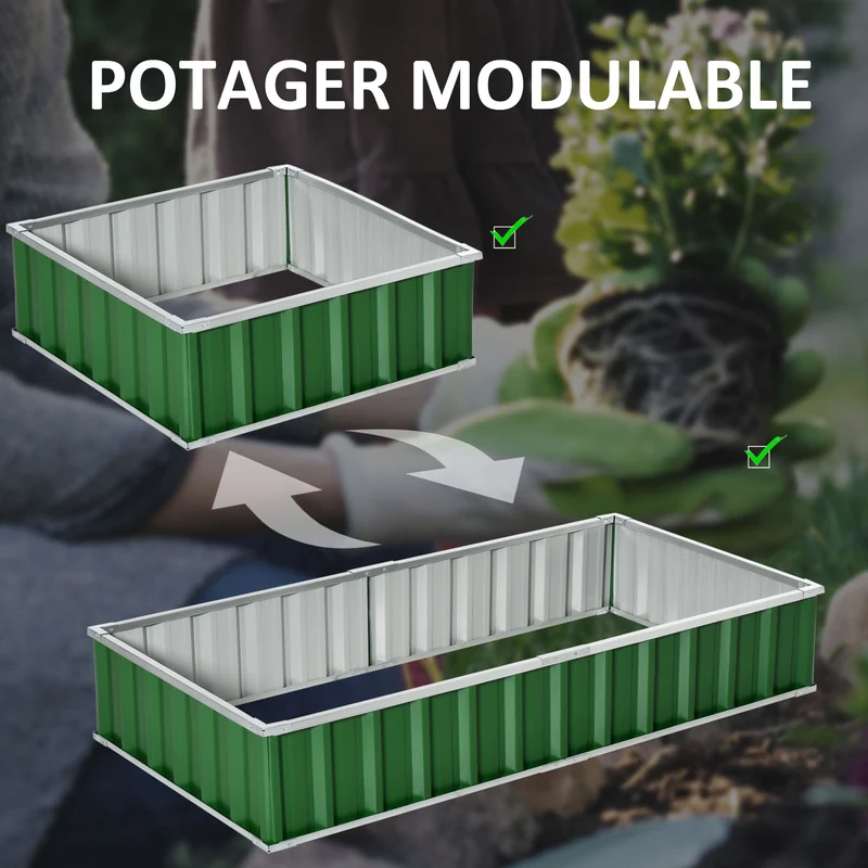 Potager rectangulaire modulable 174 x 90 x 30 cm montage sans outils idéal terrasse moderne en acier galvanisé vert 21_0004268