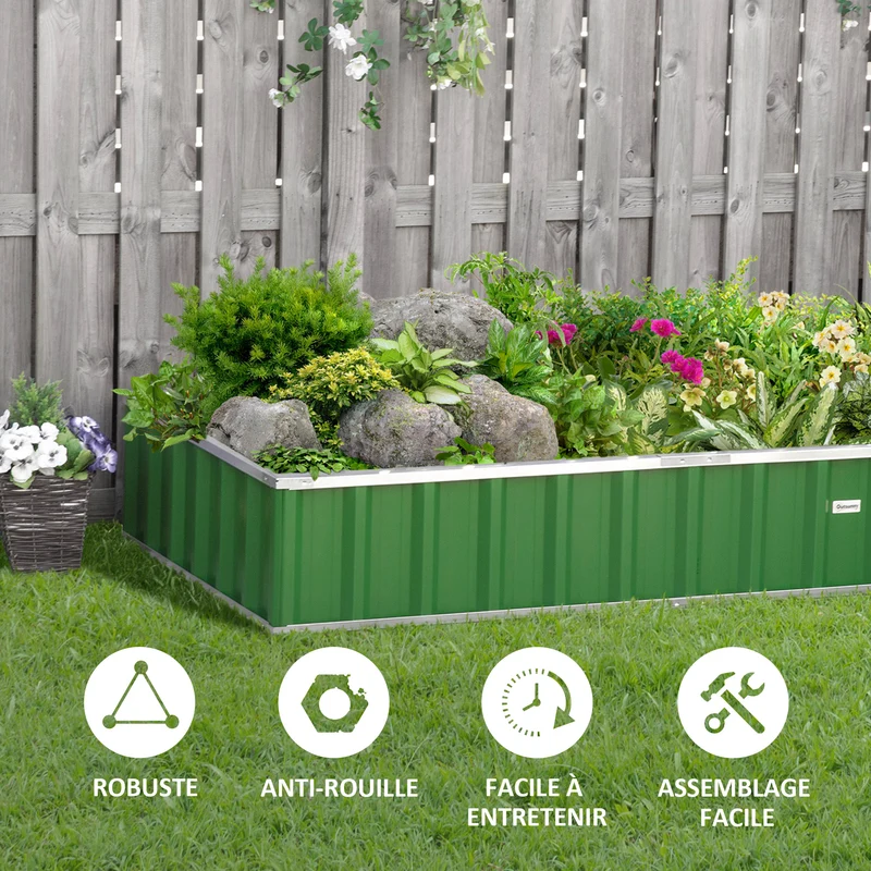Potager rectangulaire modulable 174 x 90 x 30 cm montage sans outils idéal terrasse moderne en acier galvanisé vert 21_0004268