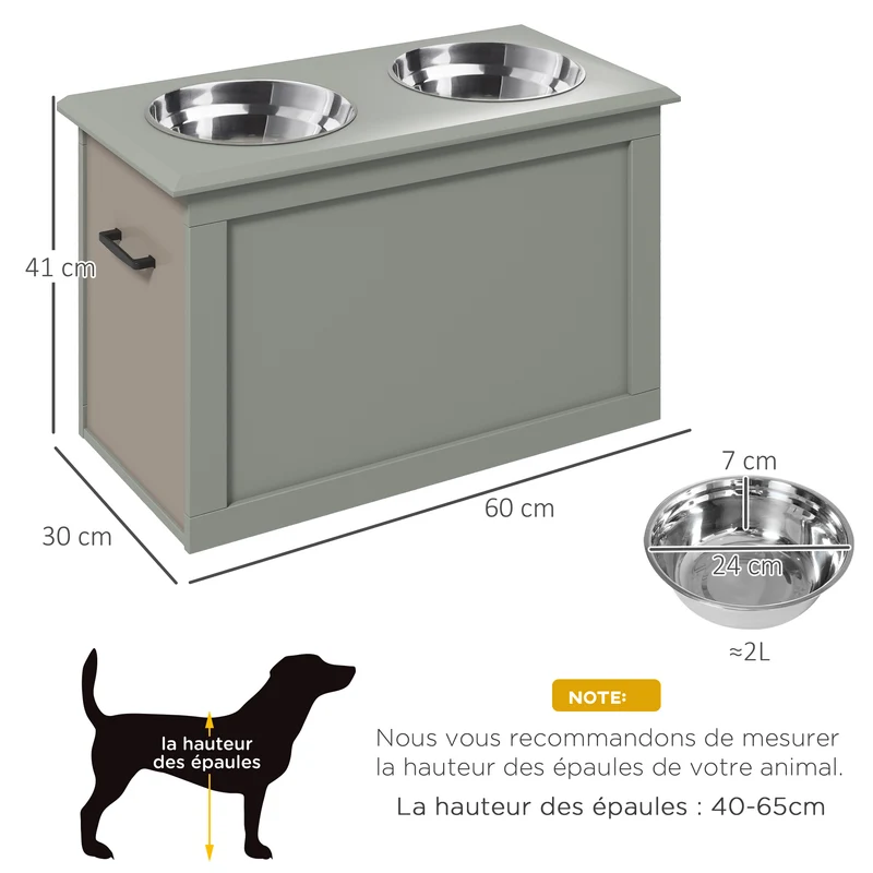 Porte-gamelles surélevé pour chien 60 x 30 x 41 cm améliore posture coffre rangement poignées design moderne en MDF gris 21_0007535