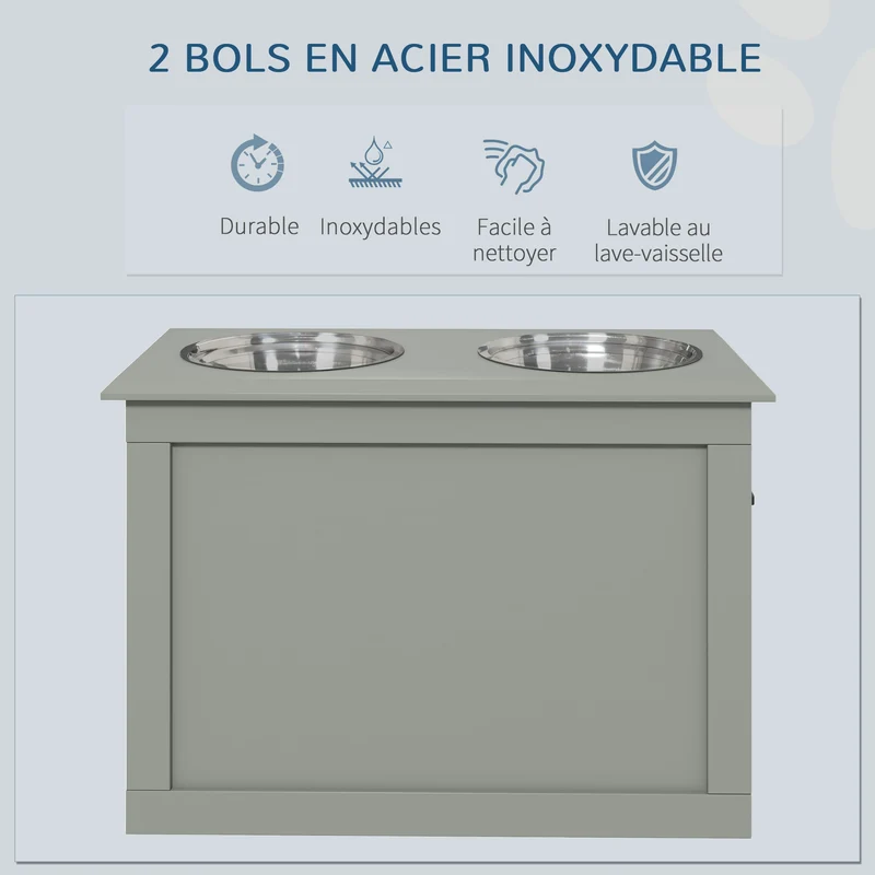 Porte-gamelles surélevé pour chien 60 x 30 x 41 cm améliore posture coffre rangement poignées design moderne en MDF gris 21_0007535