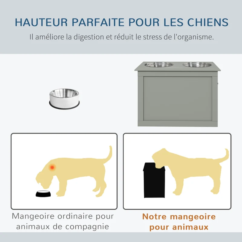 Porte-gamelles surélevé pour chien 60 x 30 x 41 cm améliore posture coffre rangement poignées design moderne en MDF gris 21_0007535