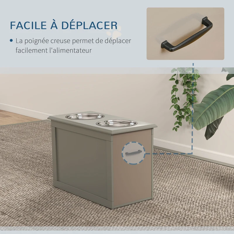 Porte-gamelles surélevé pour chien 60 x 30 x 41 cm améliore posture coffre rangement poignées design moderne en MDF gris 21_0007535