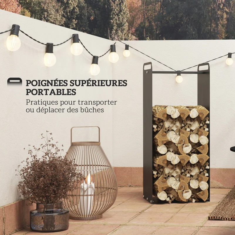 Porte-bûches intérieur 37 x 30 x 90 cm poignées transport résistant à la rouille style industriel moderne en acier noir 21_0003909