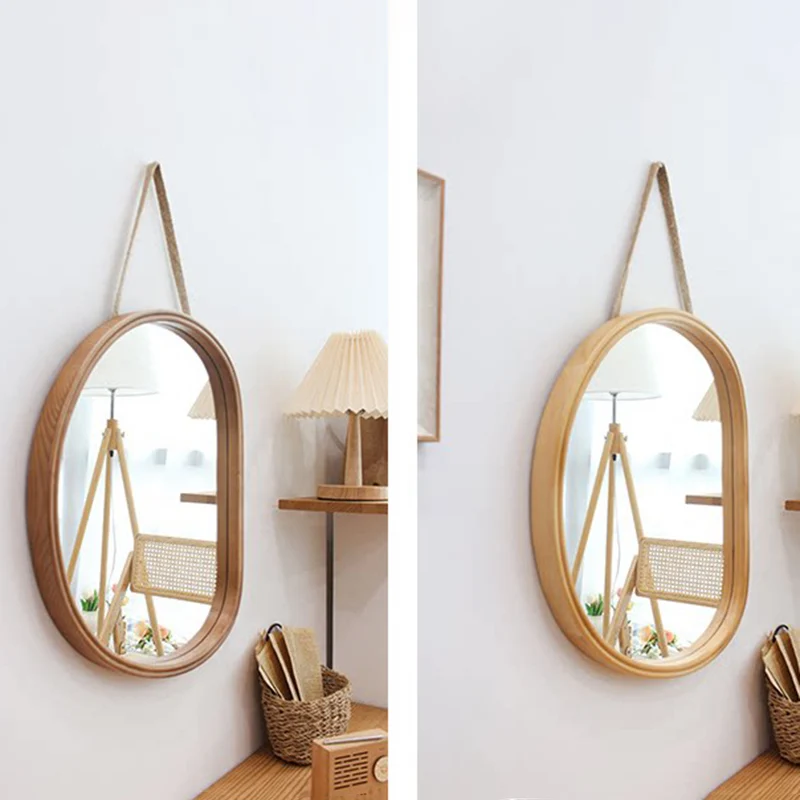 Contemporary Nordic Plywood Oval Wooden Wall Mirror Makeup Vanity Mirror For Bathroom Bedroom