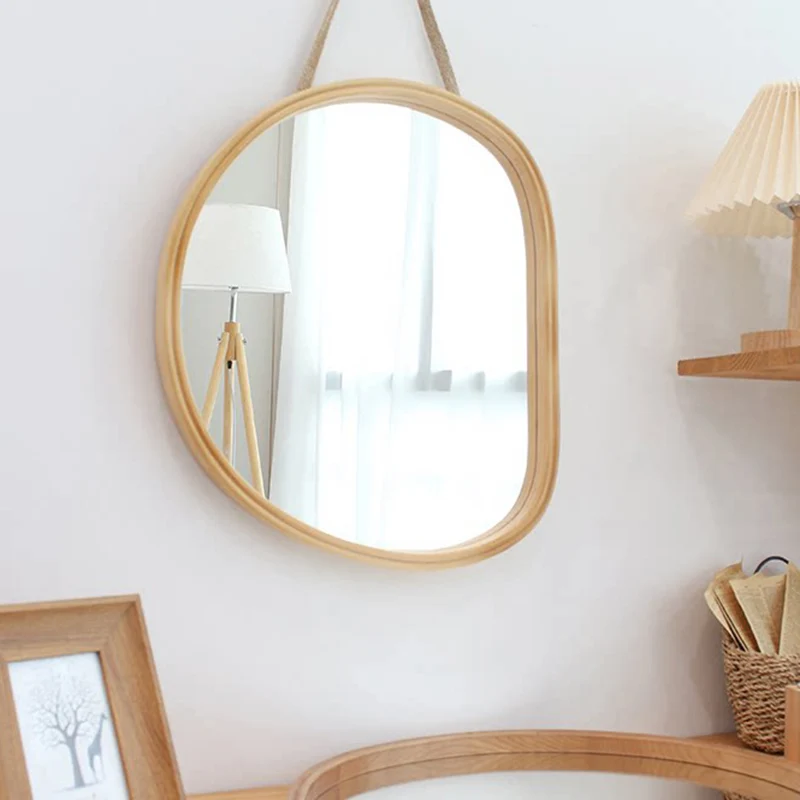Contemporary Nordic Plywood Oval Wooden Wall Mirror Makeup Vanity Mirror For Bathroom Bedroom