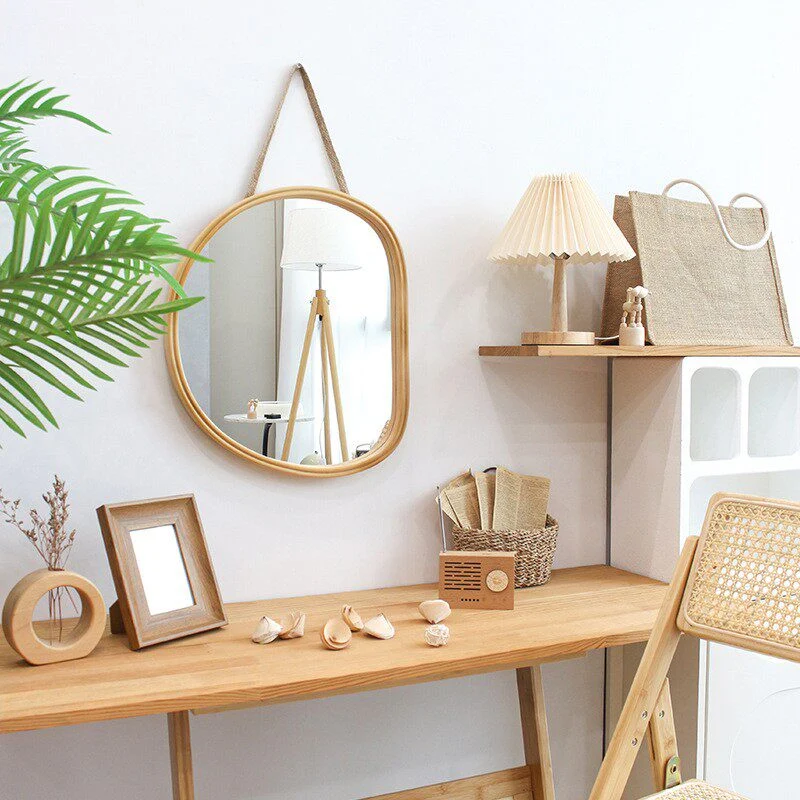 Contemporary Nordic Plywood Oval Wooden Wall Mirror Makeup Vanity Mirror For Bathroom Bedroom