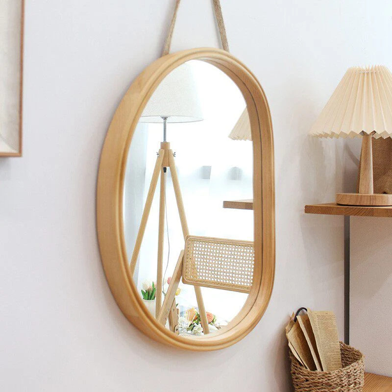 Contemporary Nordic Plywood Oval Wooden Wall Mirror Makeup Vanity Mirror For Bathroom Bedroom