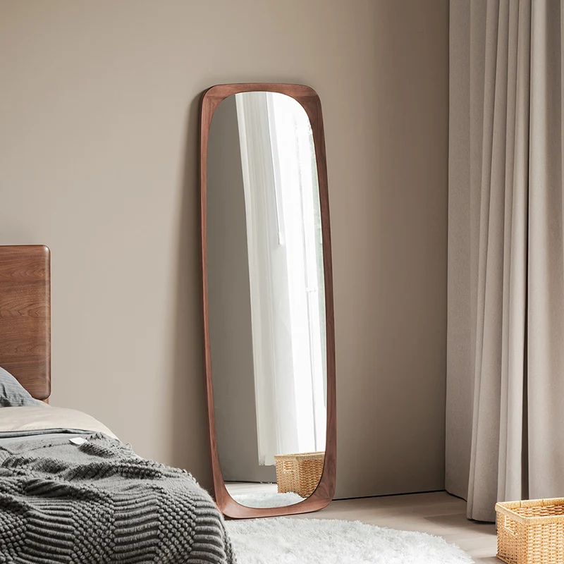 Contemporary Nordic Rectangular Rounded Walnut Solid Wood & Plywood Glass Full-Length Floor Mirror Freestanding & Wall-Mounted For Bedroom Living Room