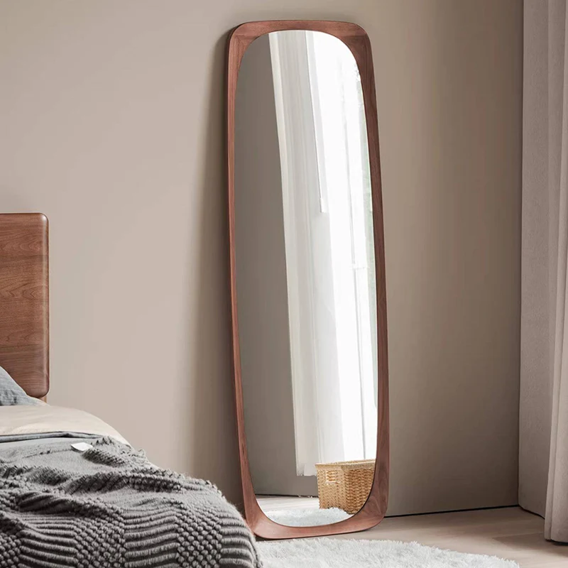 Contemporary Nordic Rectangular Rounded Walnut Solid Wood & Plywood Glass Full-Length Floor Mirror Freestanding & Wall-Mounted For Bedroom Living Room