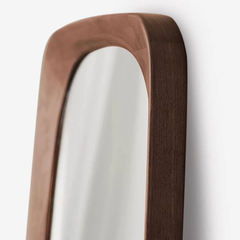 Contemporary Nordic Rectangular Rounded Walnut Solid Wood & Plywood Glass Full-Length Floor Mirror Freestanding & Wall-Mounted For Bedroom Living Room