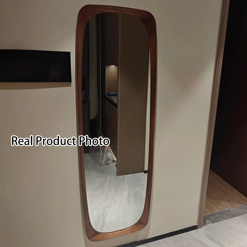 Contemporary Nordic Rectangular Rounded Walnut Solid Wood & Plywood Glass Full-Length Floor Mirror Freestanding & Wall-Mounted For Bedroom Living Room
