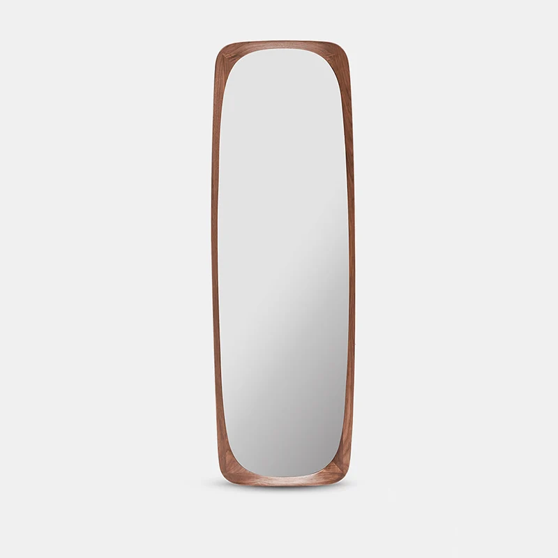 Contemporary Nordic Rectangular Rounded Walnut Solid Wood & Plywood Glass Full-Length Floor Mirror Freestanding & Wall-Mounted For Bedroom Living Room