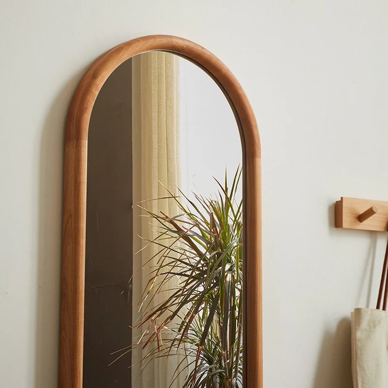 Contemporary Nordic Walnut Cherry Wood & Plywood Glass Oval Wall Mirror With Floor-Standing & Wall-Mounted Design For Entryway, Living Room, Bedroom