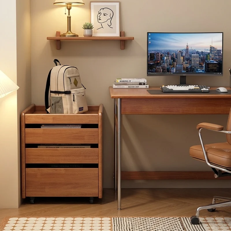 Contemporary Nordic Pine Wood Rubberwood Plywood Square Movable Storage Cabinet 3-Drawer For Bedroom & Living Room