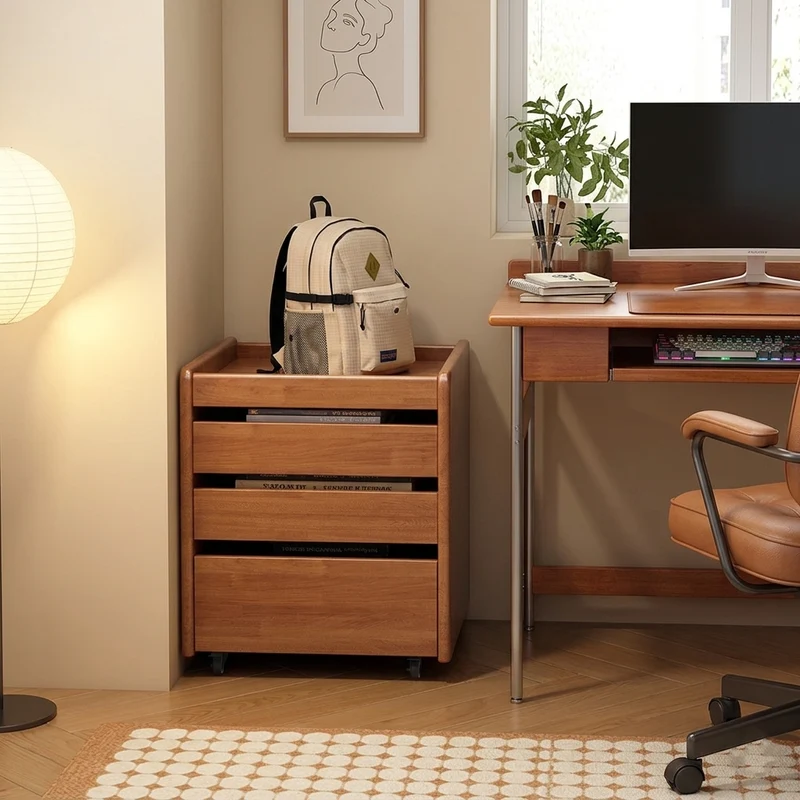 Contemporary Nordic Pine Wood Rubberwood Plywood Square Movable Storage Cabinet 3-Drawer For Bedroom & Living Room