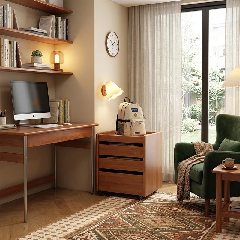 Contemporary Nordic Pine Wood Rubberwood Plywood Square Movable Storage Cabinet 3-Drawer For Bedroom & Living Room