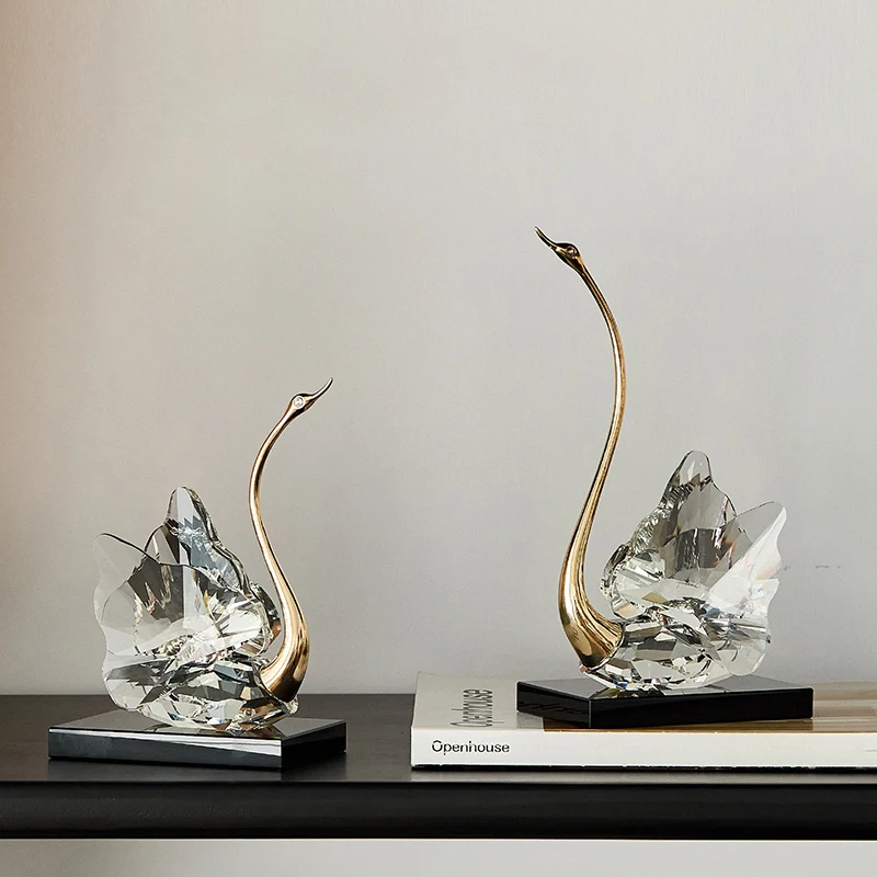 Modern Luxury Crystal Glass Metal Swan Figurine Set Decorative Sculpture Desk Decor For Living Room