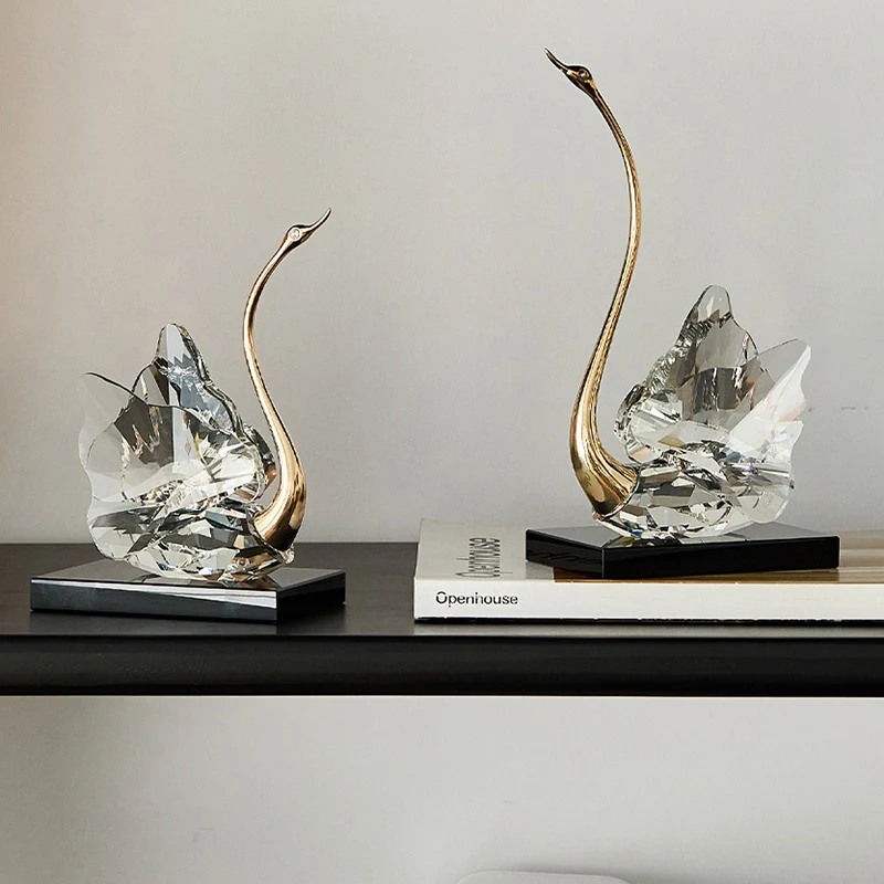 Modern Luxury Crystal Glass Metal Swan Figurine Set Decorative Sculpture Desk Decor For Living Room