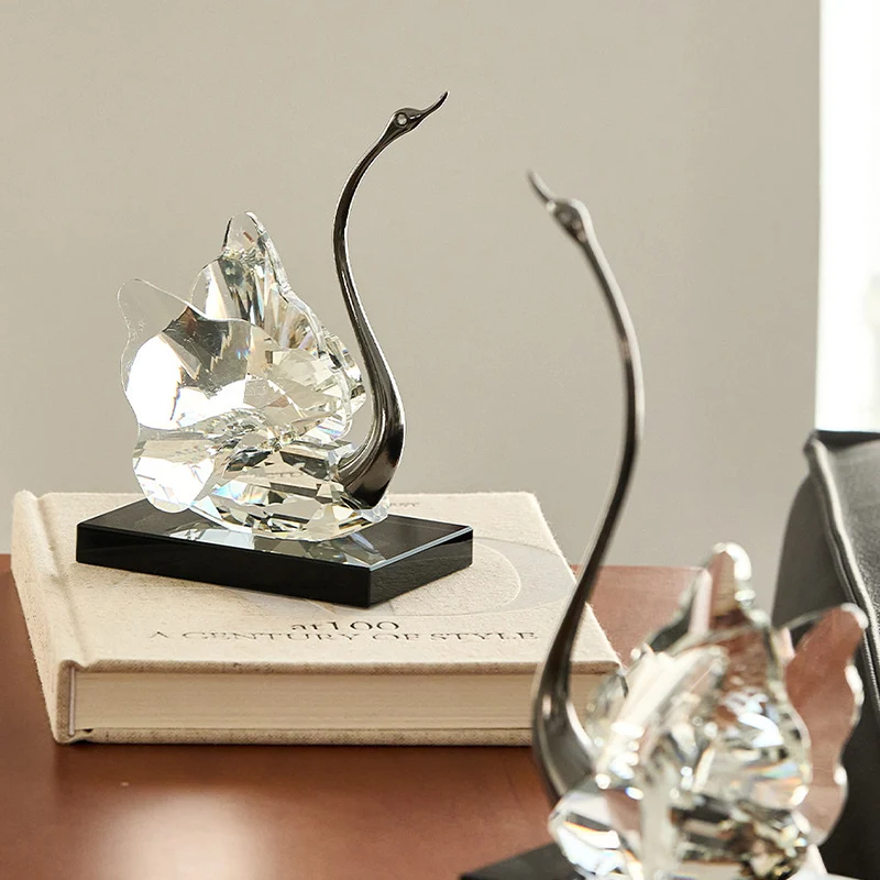 Modern Luxury Crystal Glass Metal Swan Figurine Set Decorative Sculpture Desk Decor For Living Room