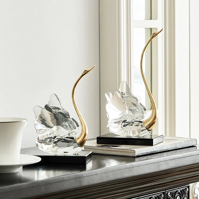 Modern Luxury Crystal Glass Metal Swan Figurine Set Decorative Sculpture Desk Decor For Living Room