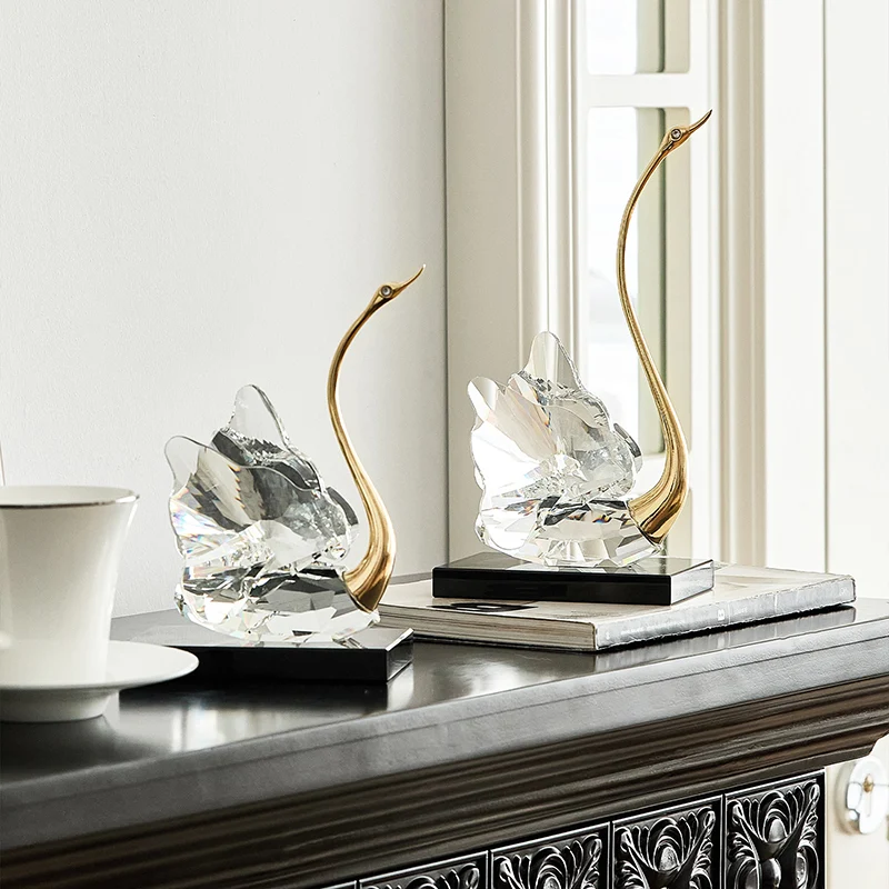 Modern Luxury Crystal Glass Metal Swan Figurine Set Decorative Sculpture Desk Decor For Living Room
