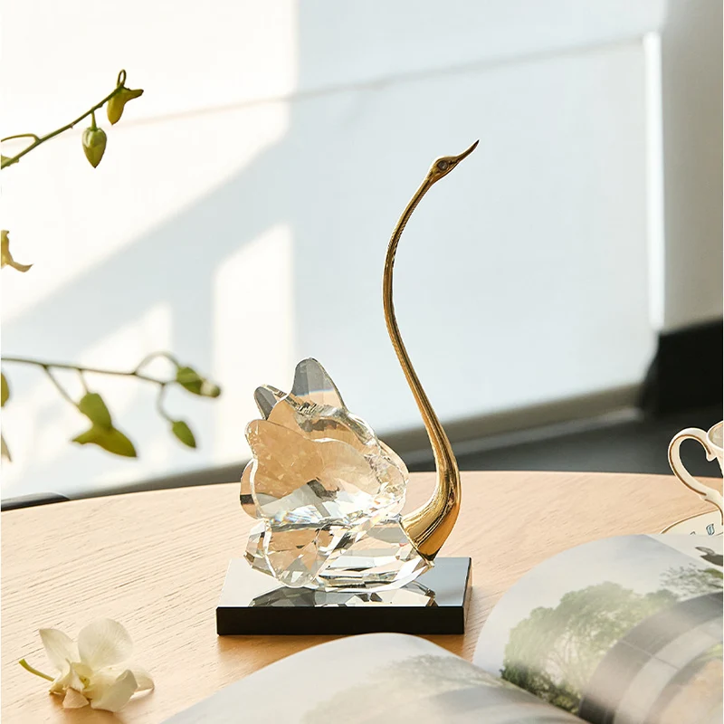 Modern Luxury Crystal Glass Metal Swan Figurine Set Decorative Sculpture Desk Decor For Living Room