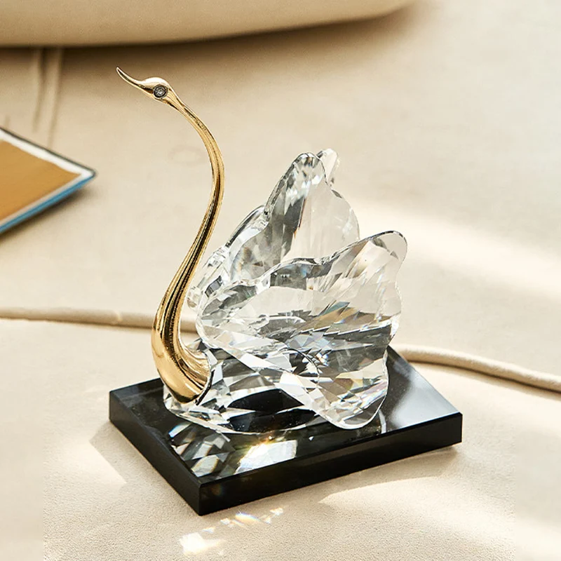 Modern Luxury Crystal Glass Metal Swan Figurine Set Decorative Sculpture Desk Decor For Living Room