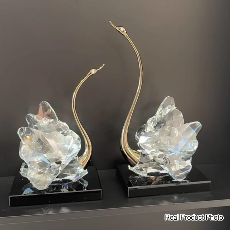 Modern Luxury Crystal Glass Metal Swan Figurine Set Decorative Sculpture Desk Decor For Living Room