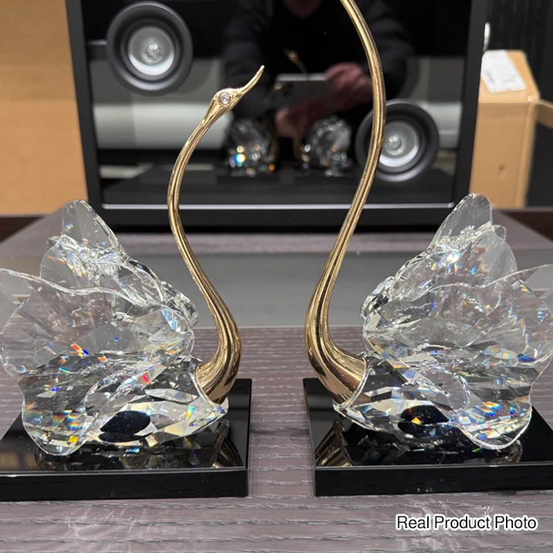 Modern Luxury Crystal Glass Metal Swan Figurine Set Decorative Sculpture Desk Decor For Living Room