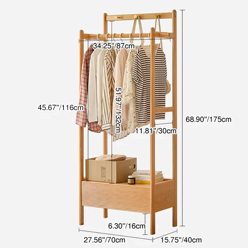 Traditional Japanese Beech Wood Solid Paulownia Wood & Plywood Rectangular Wooden Hall Tree Clothes Organizer With Drawer For Bedroom