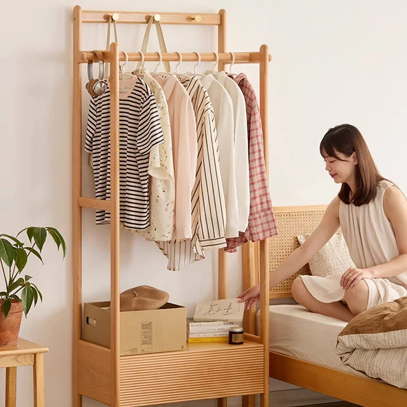 Traditional Japanese Beech Wood Solid Paulownia Wood & Plywood Rectangular Wooden Hall Tree Clothes Organizer With Drawer For Bedroom