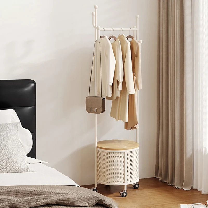 Contemporary Nordic Carbon Steel Plywood Round Hall Tree Mobile Clothes Organizer With Basket For Bedroom