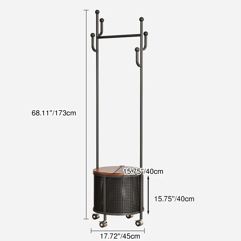 Contemporary Nordic Carbon Steel Plywood Round Hall Tree Mobile Clothes Organizer With Basket For Bedroom