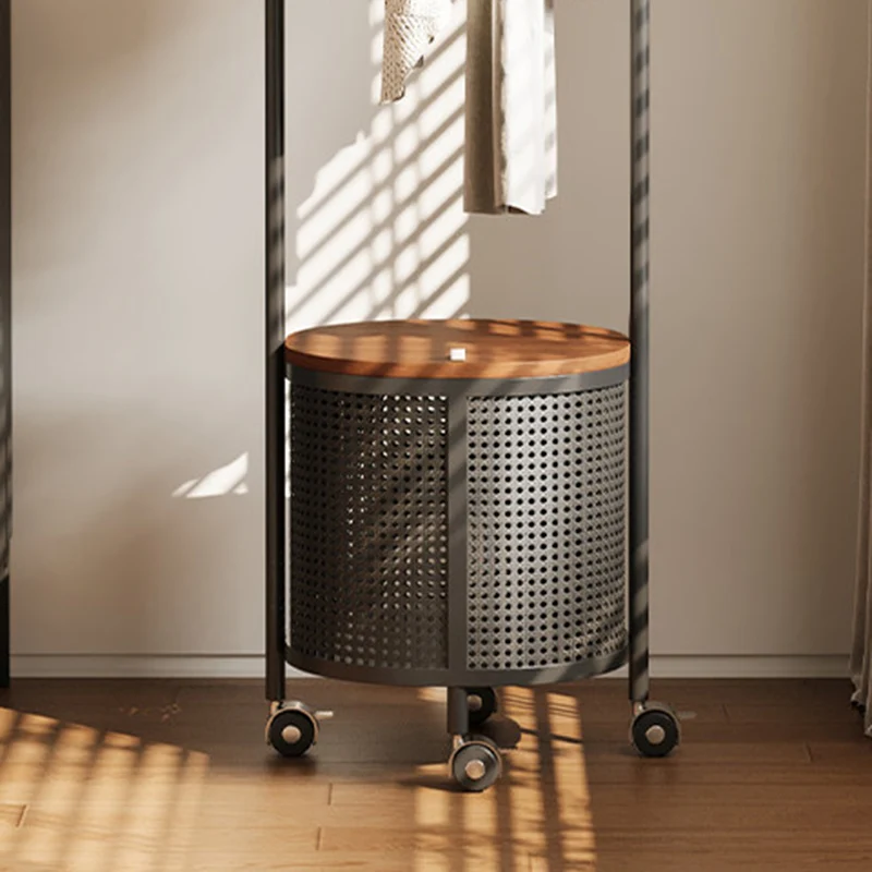 Contemporary Nordic Carbon Steel Plywood Round Hall Tree Mobile Clothes Organizer With Basket For Bedroom