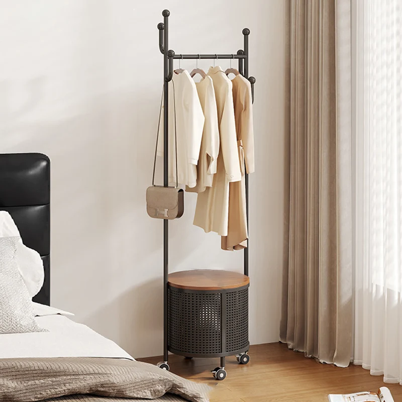 Contemporary Nordic Carbon Steel Plywood Round Hall Tree Mobile Clothes Organizer With Basket For Bedroom