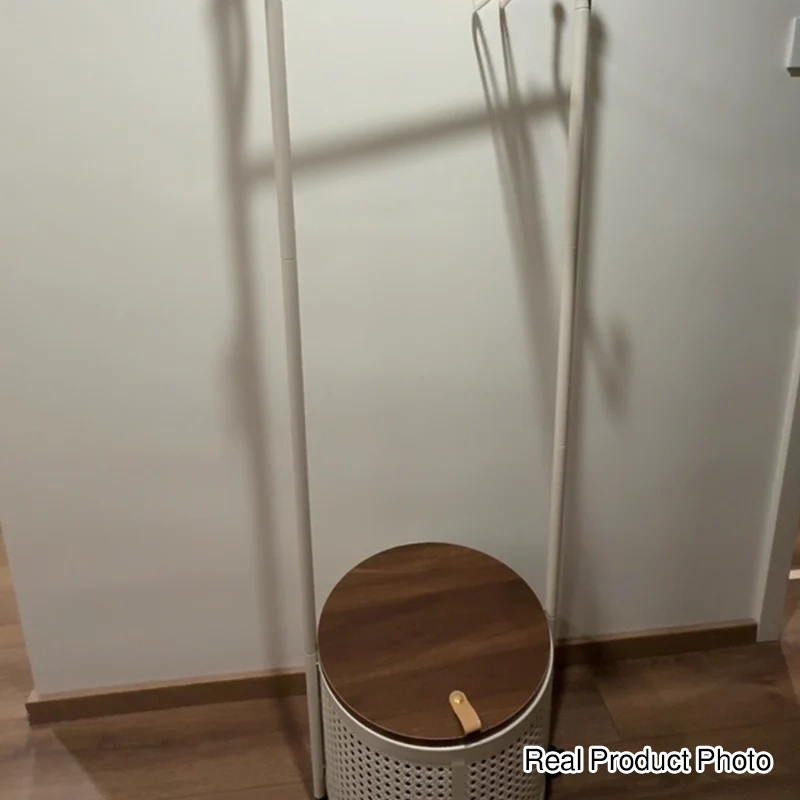 Contemporary Nordic Carbon Steel Plywood Round Hall Tree Mobile Clothes Organizer With Basket For Bedroom