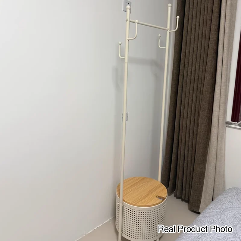 Contemporary Nordic Carbon Steel Plywood Round Hall Tree Mobile Clothes Organizer With Basket For Bedroom