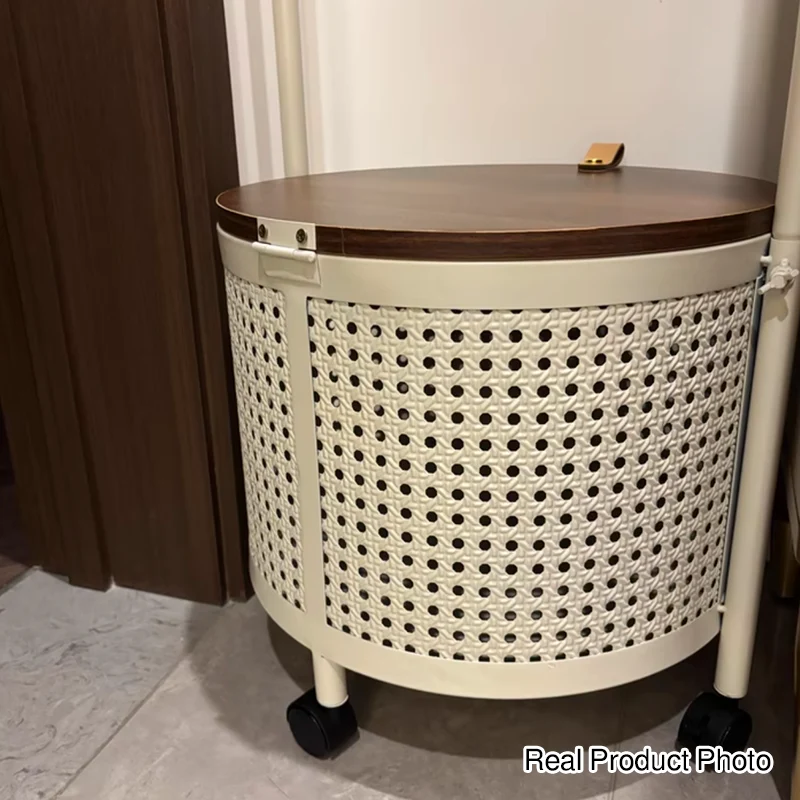 Contemporary Nordic Carbon Steel Plywood Round Hall Tree Mobile Clothes Organizer With Basket For Bedroom