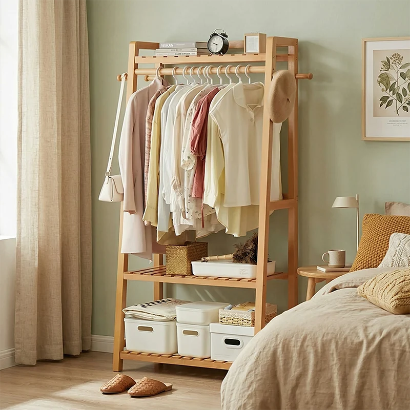 Modern Minimalist Solid Wood Rectangular Coat Rack Hall Tree With 3-Tier Clothes Organizer For Bedroom