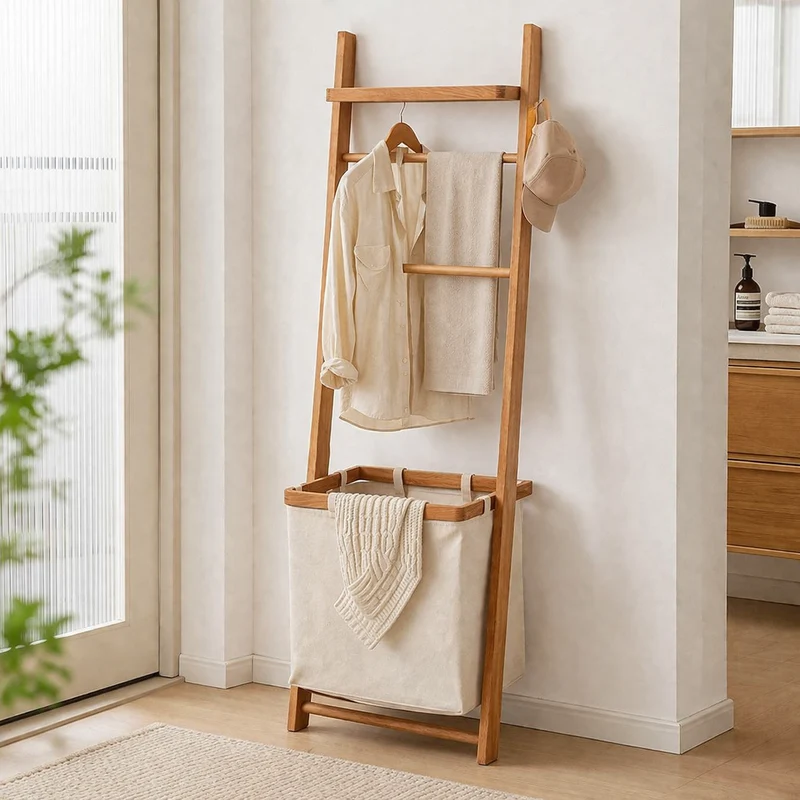 Modern Minimalist Solid Cherry Wood Fabric Rectangular Garment Rack Multi-Function Hall Tree With Laundry Basket For Living Room & Bedroom & Bathroom