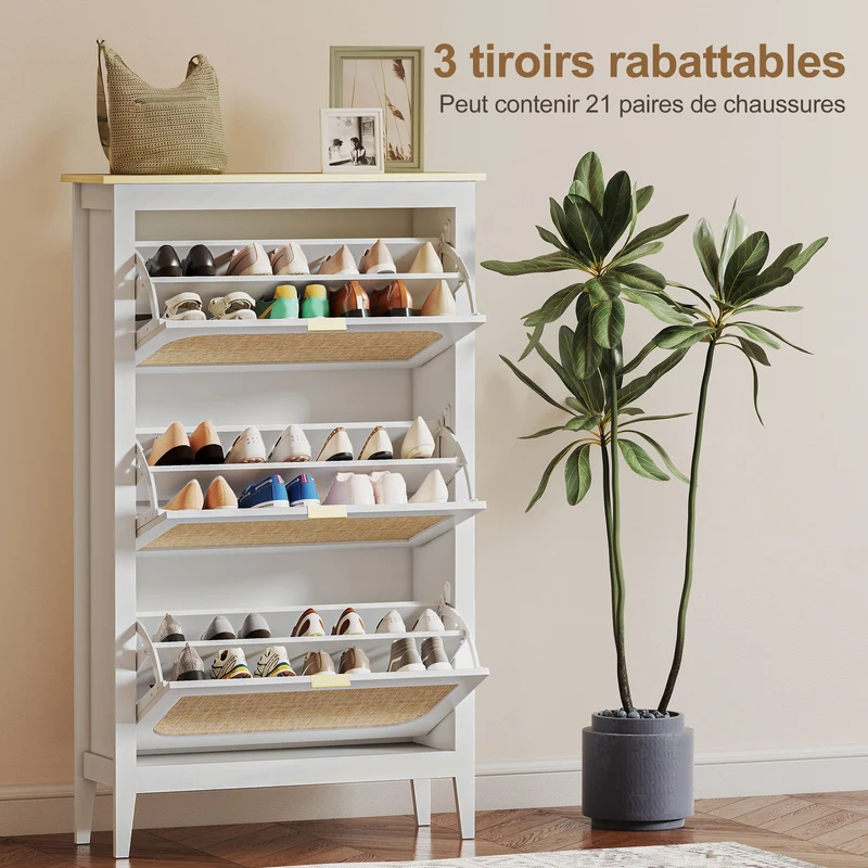 Meuble à chaussures entrée utile 80 x 24 x 131 cm rangement 21 paires 3 tiroirs scandinave en panneau de particules blanc 21_0002768