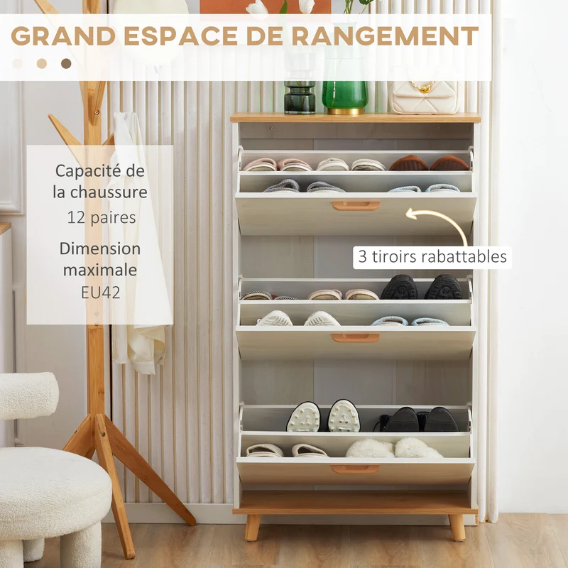 Meuble à chaussures entrée 70 x 23,5 x 122 cm 3 abattants gain de place scandinave épuré en panneau de particules blanc 21_0002642