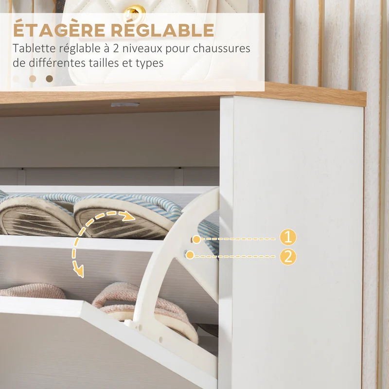 Meuble à chaussures entrée 70 x 23,5 x 122 cm 3 abattants gain de place scandinave épuré en panneau de particules blanc 21_0002642