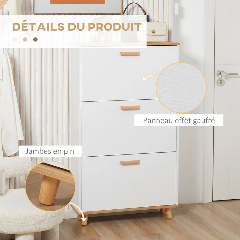 Meuble à chaussures entrée 70 x 23,5 x 122 cm 3 abattants gain de place scandinave épuré en panneau de particules blanc 21_0002642