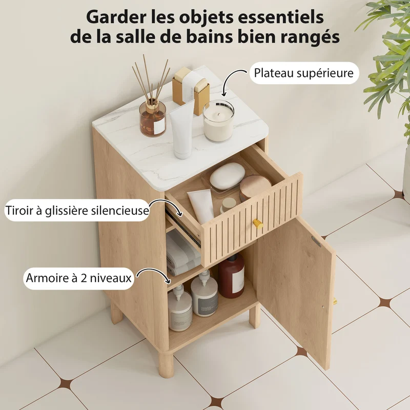Meuble de salle de bain étroit 36 x 30 x 80 cm tiroir et placard étagère réglable gain de place moderne en MDF chêne 21_0002106