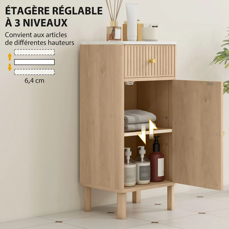 Meuble de salle de bain étroit 36 x 30 x 80 cm tiroir et placard étagère réglable gain de place moderne en MDF chêne 21_0002106