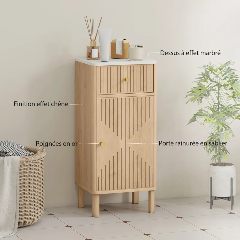 Meuble de salle de bain étroit 36 x 30 x 80 cm tiroir et placard étagère réglable gain de place moderne en MDF chêne 21_0002106