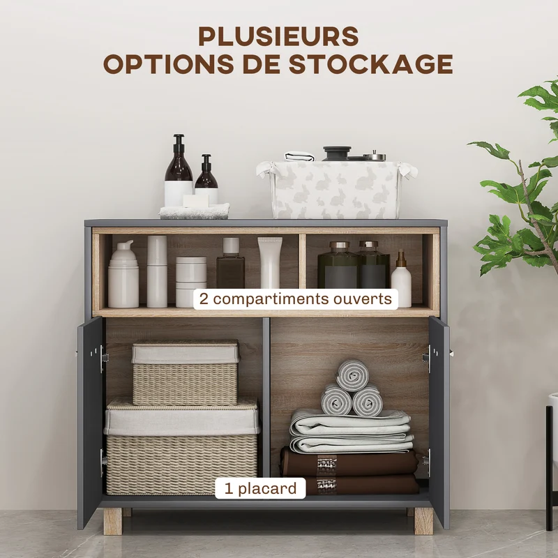 Meuble de salle de bain colonne 80 x 35 x 70 cm rangement optimisé anti basculement portes doubles moderne en MDF gris 21_0002043