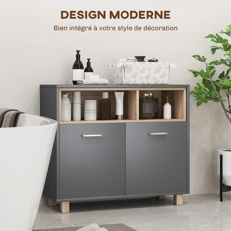 Meuble de salle de bain colonne 80 x 35 x 70 cm rangement optimisé anti basculement portes doubles moderne en MDF gris 21_0002043