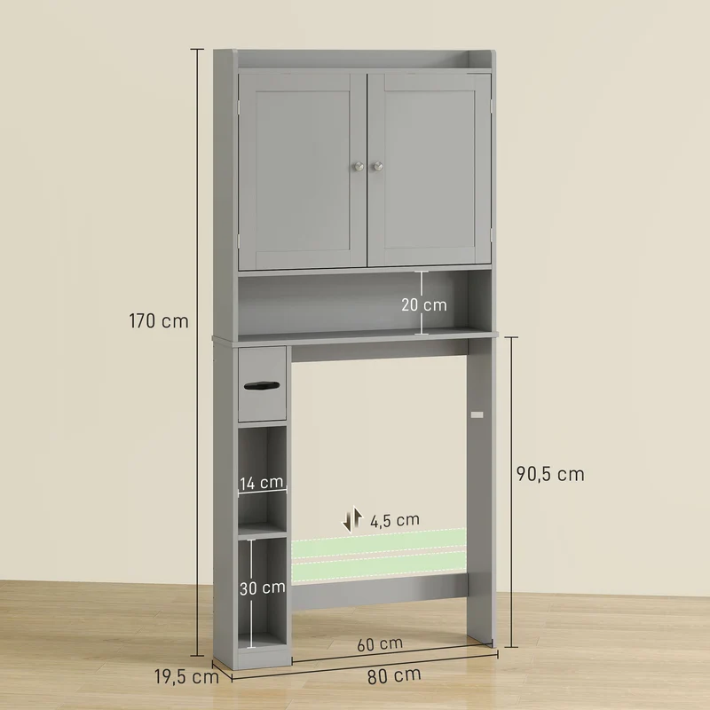 Meuble au-dessus des toilettes 80 x 19,5 x 170 cm rangement spacieux porte-papier intégré moderne épuré en MDF gris 21_0002098